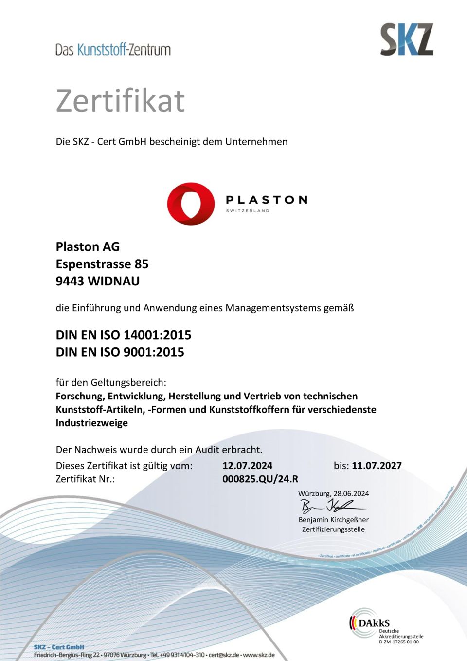 PLASTON ISO Zertifikat 9001:2015 & 14001:2015